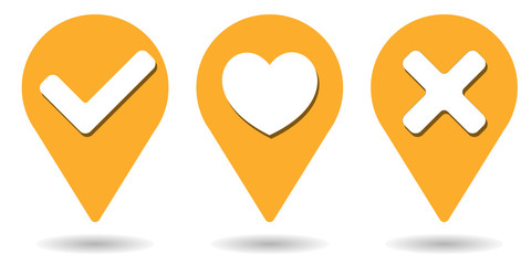 Location pins for accept, heart and reject symbols