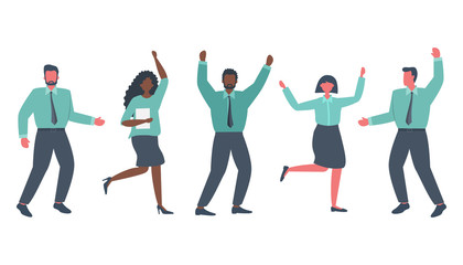 Fototapeta na wymiar Office workers are celebrating the victory. Happy employees are dancing and jumping. International group of business people. Funky flat style. Vector illustration