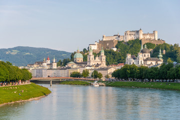 Fototapeta na wymiar Salzburg skyline with Hohensalzburg Fortress and Salzach river in summer, Austria.