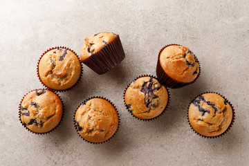 Blueberry muffins with fresh berries, top view