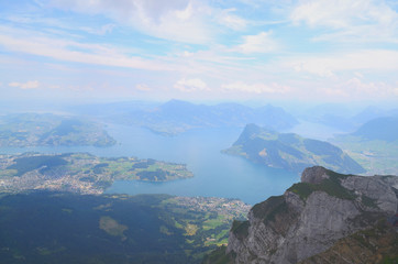 Beautiful Swiss landscape. Top view of the valley, lakes and mountains.