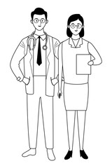 Professionals workers couple smiling cartoons in black and white