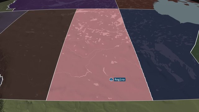 Saskatchewan - province of Canada with its capital zoomed on the administrative map of the globe. Animation 3D