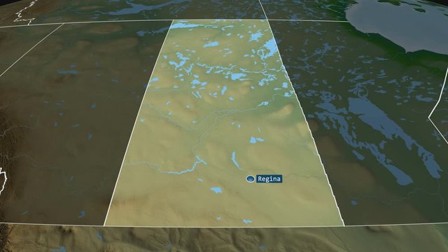 Saskatchewan - province of Canada with its capital zoomed on the physical map of the globe. Animation 3D