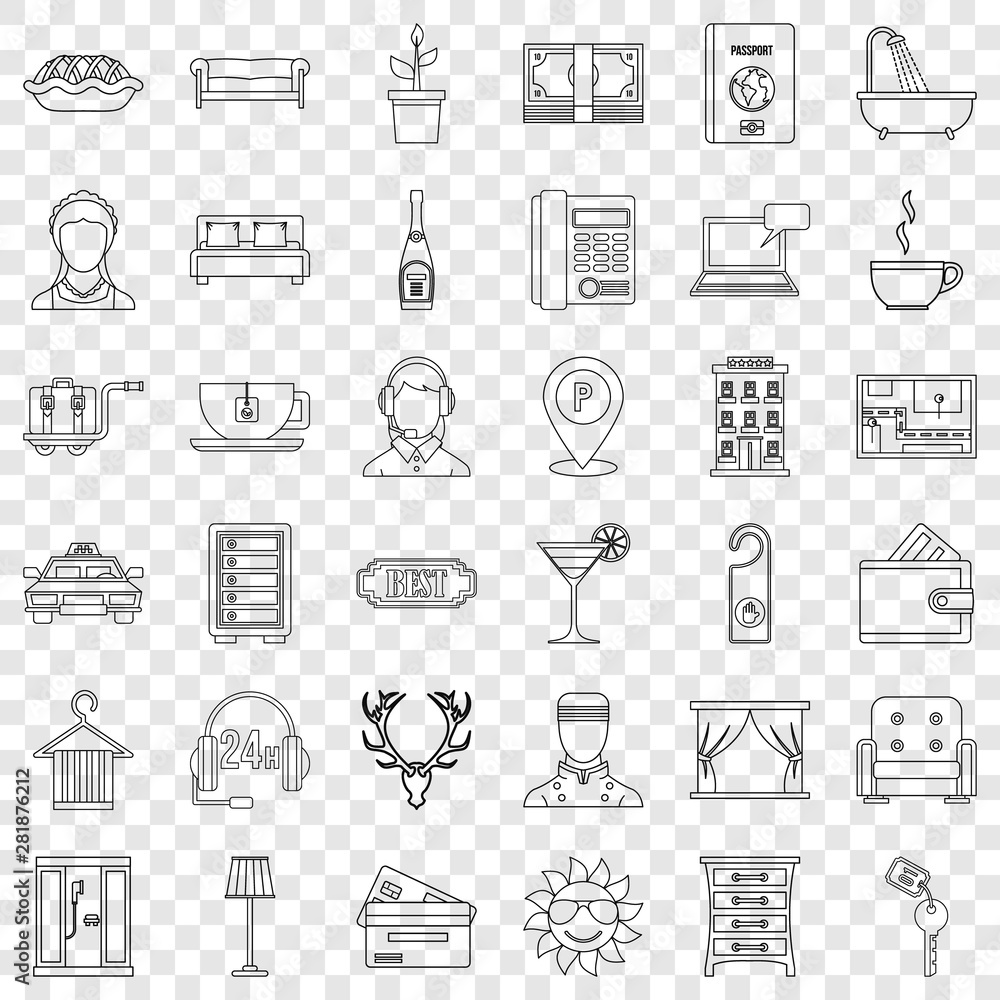 Poster parking icons set. outline style of 36 parking vector icons for web for any design