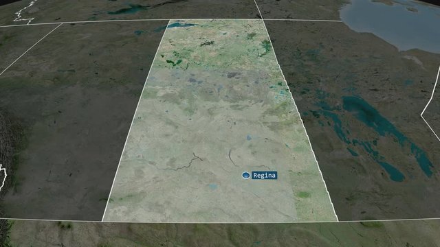 Saskatchewan - province of Canada with its capital zoomed on the satellite map of the globe. Animation 3D