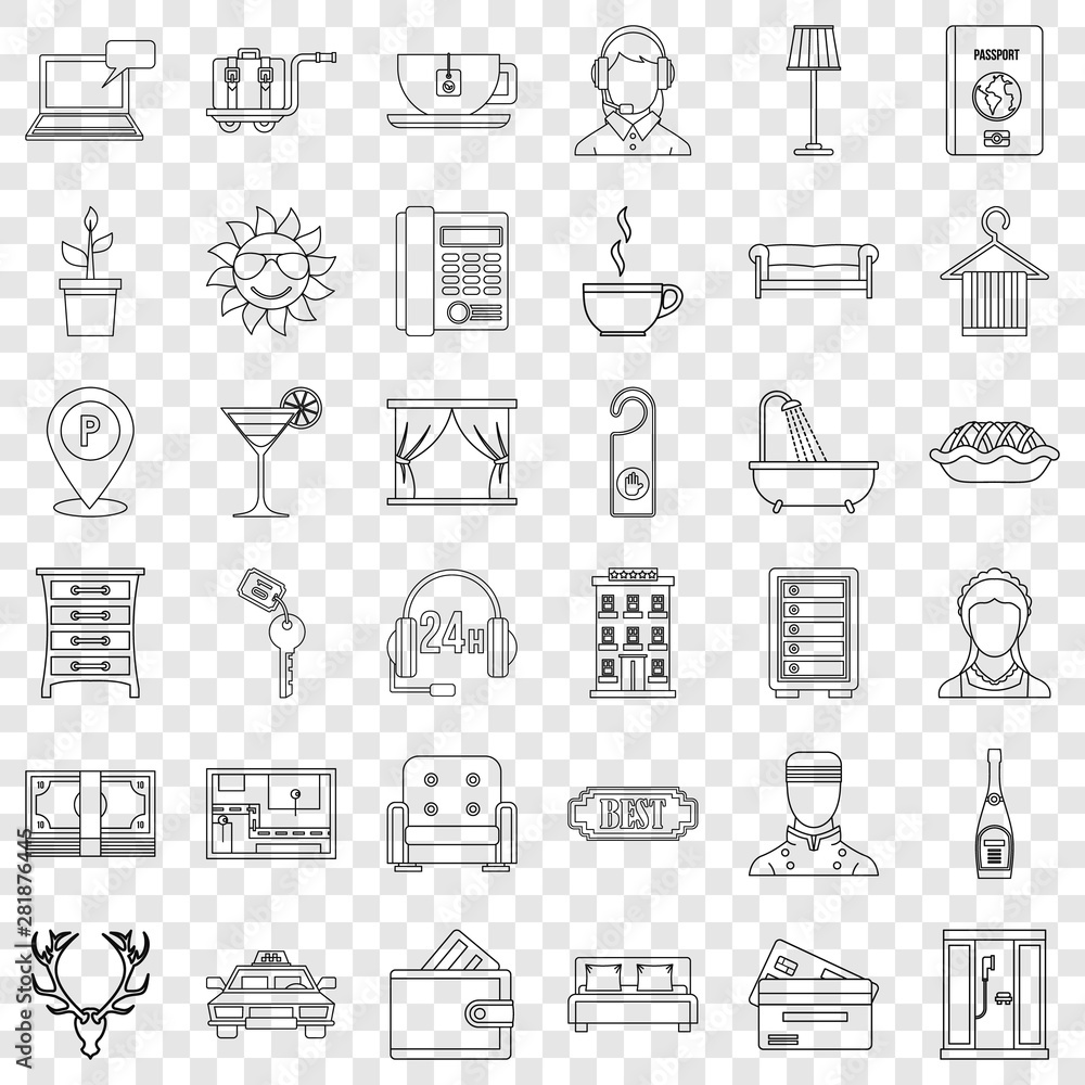 Poster doorman icons set. outline style of 36 doorman vector icons for web for any design