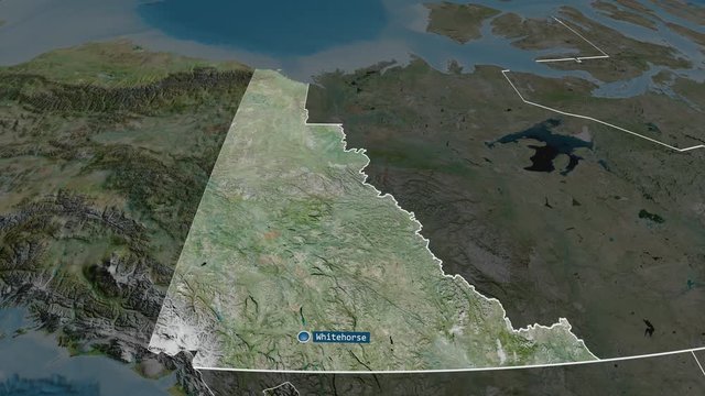 Yukon - territory of Canada with its capital zoomed on the satellite map of the globe. Animation 3D
