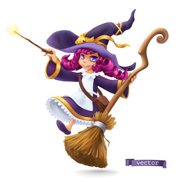 Little witch, sorceress. Happy Halloween. 3d vector cartoon character