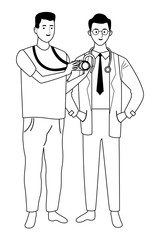 Professionals workers couple smiling cartoons in black and white