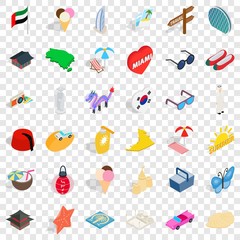 Summer icons set. Isometric style of 36 summer vector icons for web for any design