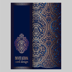Wedding invitation card with gold and blue shiny eastern and baroque rich foliage. Ornate brocade background for your design. Intricate design template