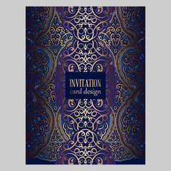 Wedding invitation card with gold and blue shiny eastern and baroque rich foliage. Ornate brocade background for your design. Intricate design template