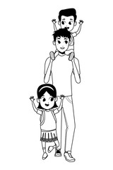 Family single parent with childrens cartoon in black and white