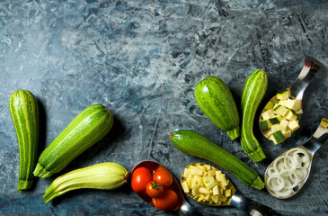 Vegetables on the background. Fresh vegetables (cucumbers, tomatoes, onions, garlic, dill, green beans) on a gray background. Top view. Copy space