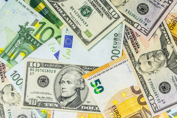 Close up on various Euro USD Dollars and CHF banknotes on the table business and finance money wealth savings credit finance