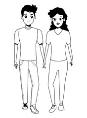 Young couple smiiling and walking cartoon in black and white