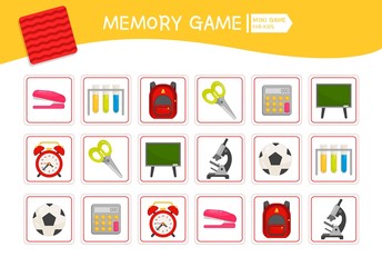 Memory game for preschool children, vector cards with school icons. Find two identical picture. Kids activity page for book. 