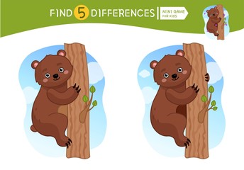 Find differences.  Educational game for children. Cartoon vector illustration of cute little bear.