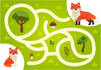 Maze game for children. Help the little fox to find his mom.