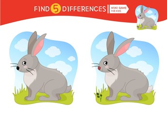 Find differences.  Educational game for children. Cartoon vector illustration of cute hare.