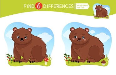 Find differences.  Educational game for children. Cartoon vector illustration of cute little bear.