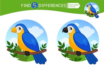 Find differences.  Educational game for children. Cartoon vector illustration of cute parrot.