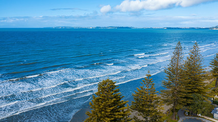 Aerial View from the Beach, Green Trees and Waves of Orewa in New Zealand - Auckland Area
