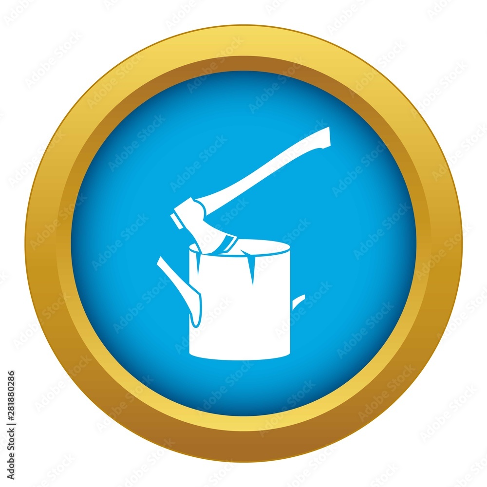 Poster axe stuck in a tree stump icon blue vector isolated on white background for any design