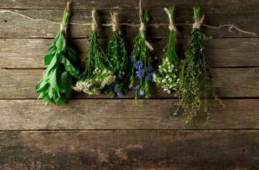 Fresh medicinal herbs. Medicinal herbs (chamomile, wormwood, yarrow, mint, St. John's wort and chicory) on an old wooden board. View from above. Copy space