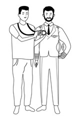 Professionals workers couple smiling cartoons in black and white