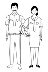 Professionals workers couple smiling cartoons in black and white