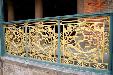 Metal ornament on the fence of an ancient Korean palace building. Deoksugung Palace, Seoul.