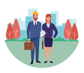Professionals workers couple smiling cartoons
