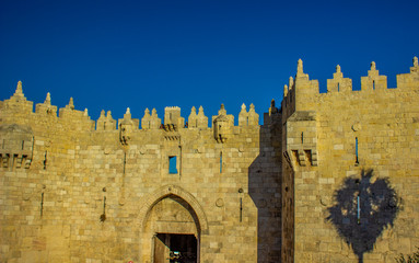entrance gate of Jerusalem ancient city UNESCO world religion heritage site in Israel, building...