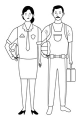 Professionals workers couple smiling cartoons in black and white