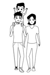 Family young parents with children cartoon in black and white