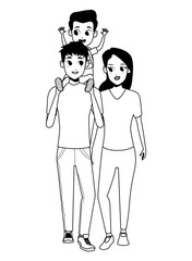 Family young parents with children cartoon in black and white