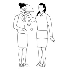 Professionals workers couple smiling cartoons in black and white