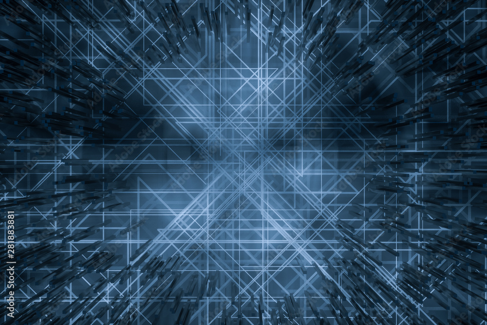 Poster dark technological lines background with cubes and lines, 3d rendering.