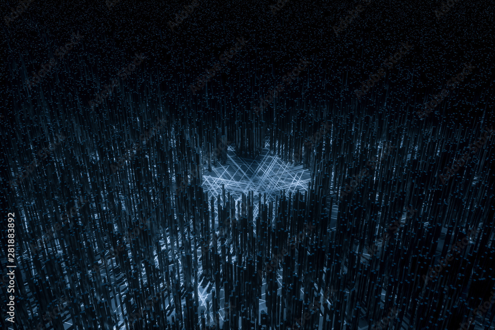 Poster dark technological lines background with cubes and lines, 3d rendering.