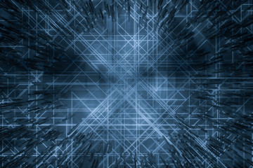 Dark technological lines background with cubes and lines, 3d rendering.