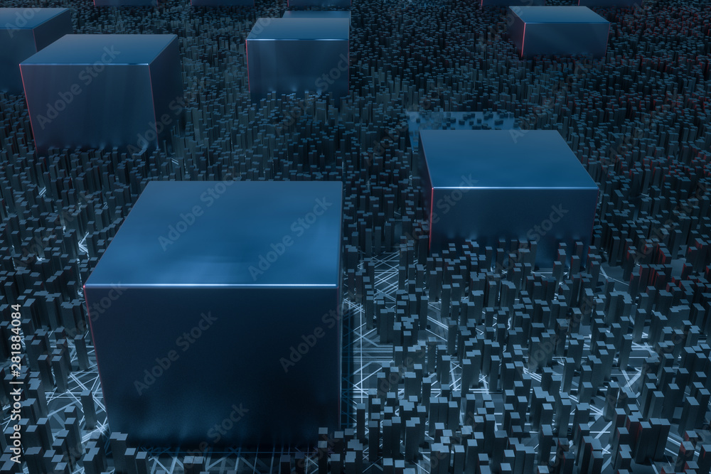 Poster dark technological lines background with cubes and lines, 3d rendering.