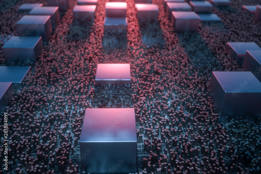 Poster dark technological lines background with cubes and lines, 3d rendering.