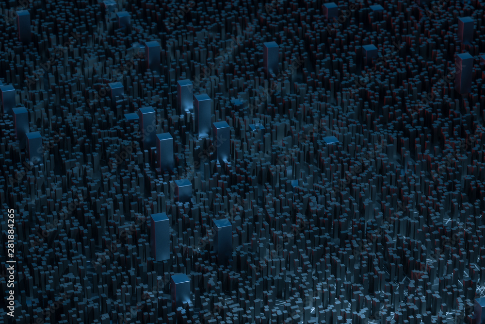 Poster dark technological lines background with cubes and lines, 3d rendering.