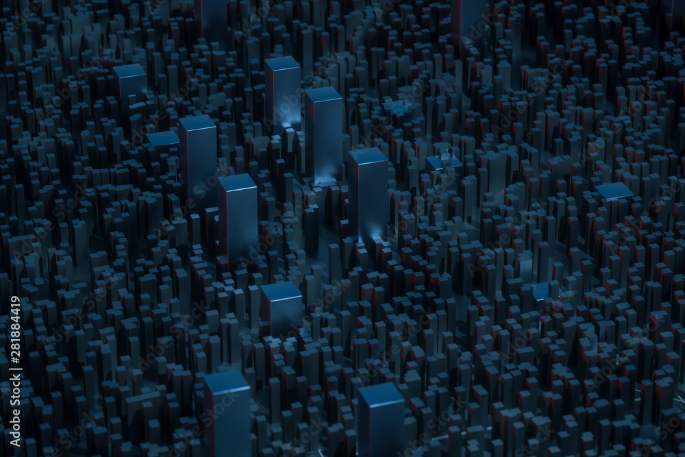 Poster dark technological lines background with cubes and lines, 3d rendering.