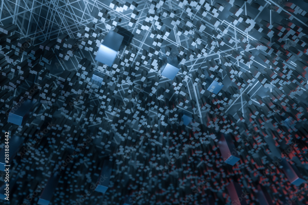 Poster dark technological lines background with cubes and lines, 3d rendering.