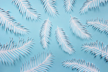 Pattern made of white paper handmade white spiky tropical plant leaves feathears arranged on blue background.
