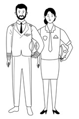 Professionals workers couple smiling cartoons in black and white