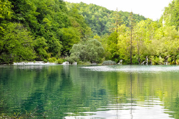 Beautiful Plitvice Lakes National Park in Croatia during the summer. Waterfalls and lakes complete this lush wonderland.